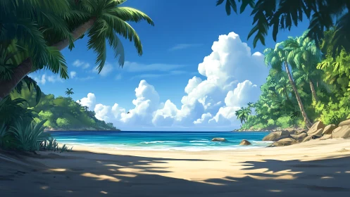 Tropical Beach Paradise with Palm Trees and Turquoise Waters.