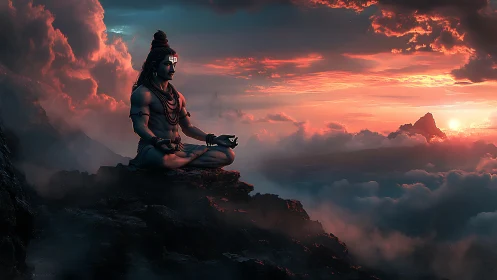 Meditating deity watches a burning cloudscape at dusk.