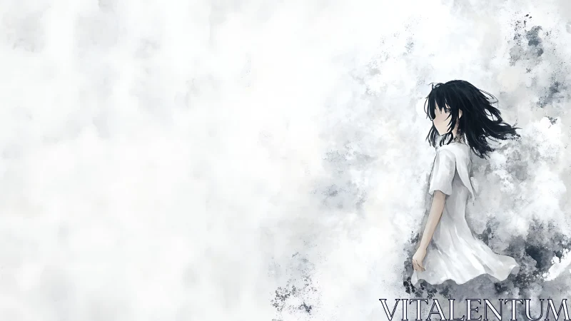 Solitary anime girl in white dress against abstract cloudfield