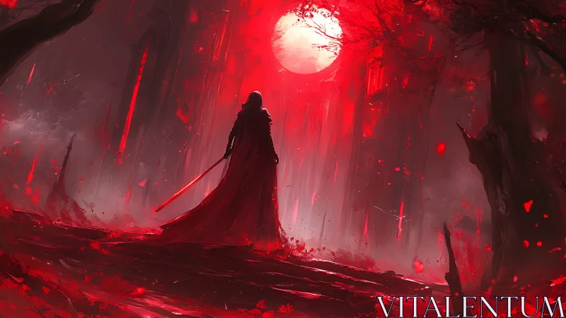 Cloaked swordsman under oversized blood-red moon in abstract forest