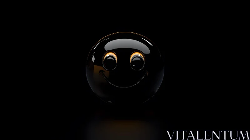 Glossy black smiley sphere on deep black background.