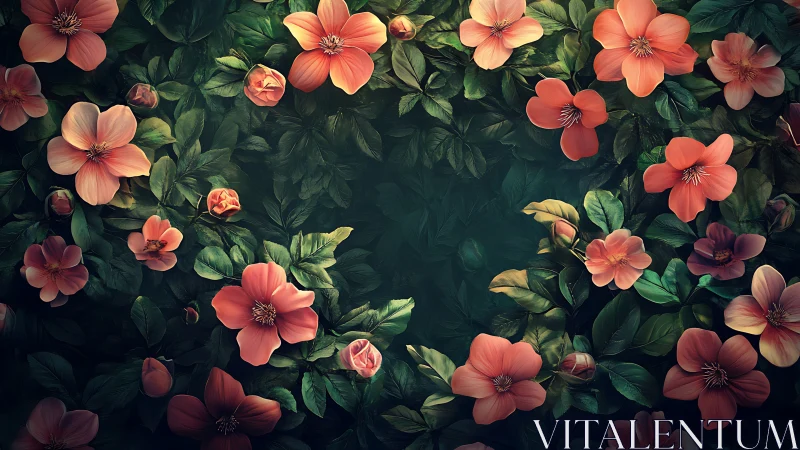 Vibrant coral and orange flowers layered densely across dark green foliage base.