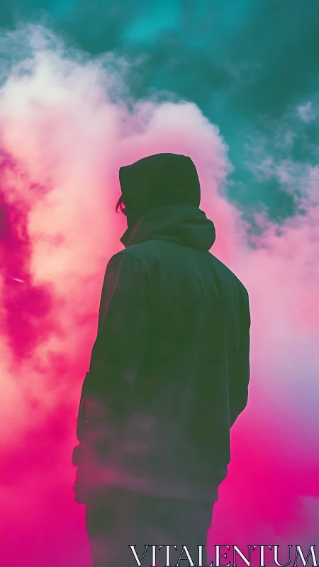 Silhouetted hooded figure in neon pink and teal fogscape.