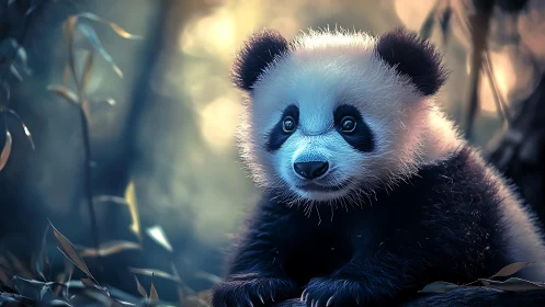 Young giant panda in soft forest light, close foreground view.