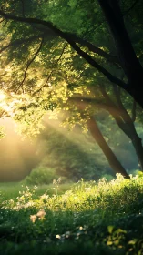 Morning sunbeams pour gently through a peaceful green forest