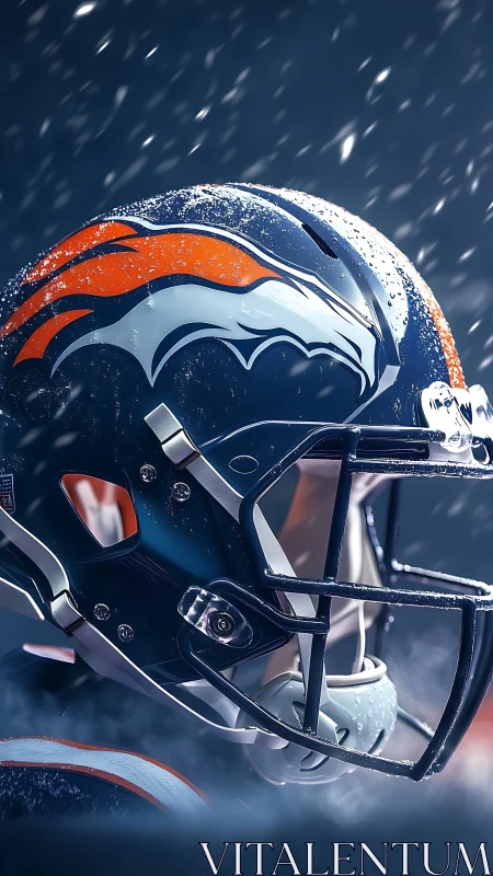 Football helmet with bronco logo under falling snowflakes
