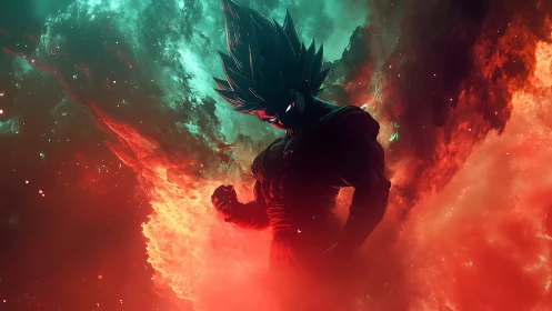 Dark energy warrior stands amid explosive cosmic nebula