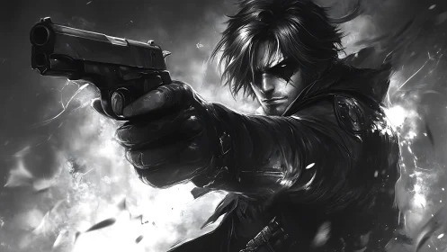 Dynamic grayscale gunman illustration uses high contrast motion blur