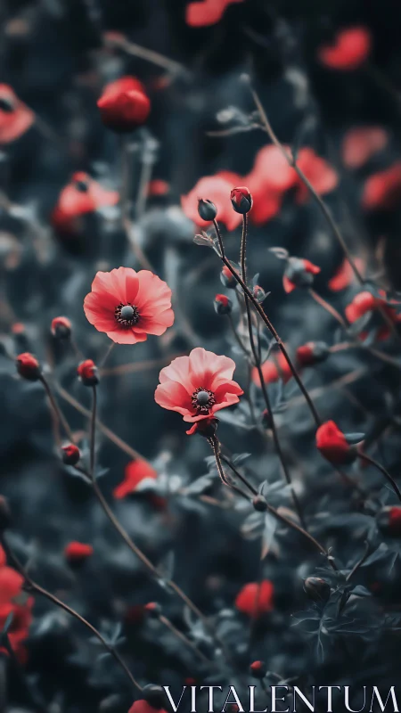 Red Anemone Blooms with Moody Depth of Field Bokeh