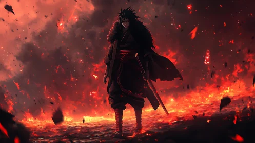 Solitary swordsman standing in dense fire and drifting embers.