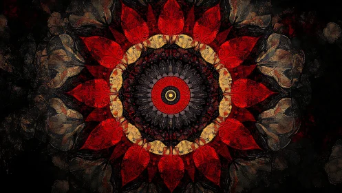 Radial red mandala flower expands from dark textured void