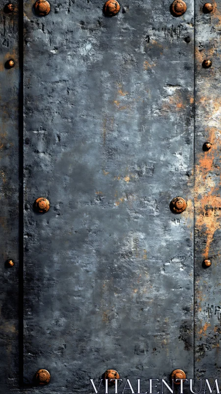 Industrial steel plate surface with rusted rivet accents.