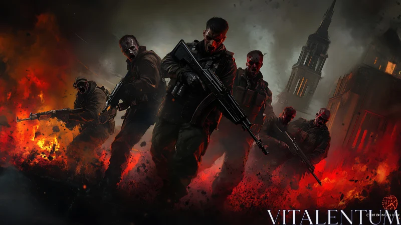 Undead soldiers advance through urban inferno in dynamic perspective