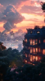 Sunset-lit riverside residence contrasts with misty modern skyline