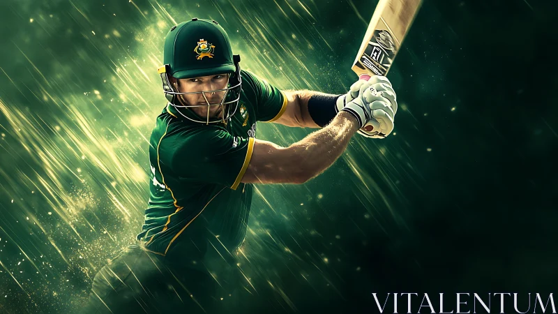 Dynamic cricket batsman in motion with dramatic green streaks.