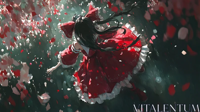 Crimson petals whirl as the ribboned girl drifts skyward