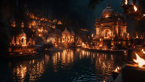 Candlelit riverside temple complex rendered with high dynamic contrast