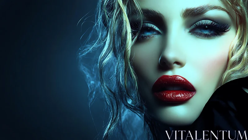 Smoldering blue gaze and crimson lips in moody light.