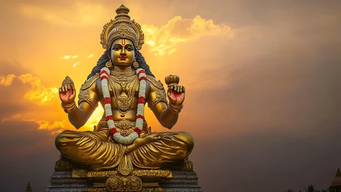 Golden seated deity statue is positioned against sunset cloud