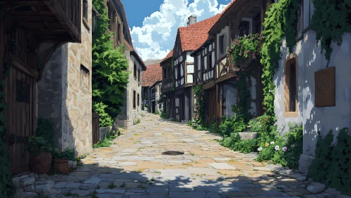 Narrow cobblestone street passes between ivy-covered houses