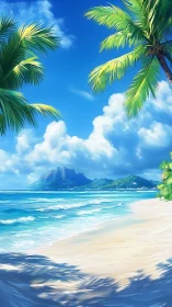 Tropical Beach with Palm Trees and Mountain Coastline