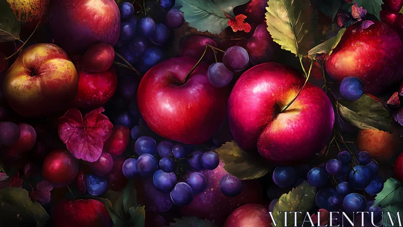 Lustrous apples and grapes glow in a lush digital still life.