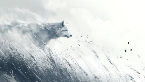 Ethereal white wolf dissolving into wind and high grass.