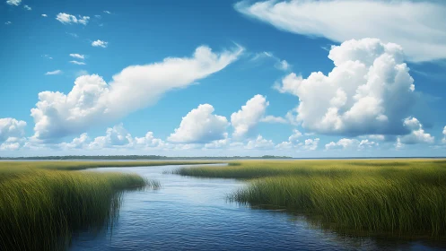 Calm coastal marsh under wide open sky and drifting clouds.