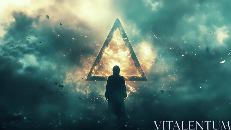 Cloaked figure before burning triangle in stormy mist.