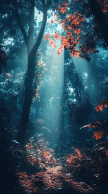 Forest Interior with Crepuscular Light and Seasonal Foliage.