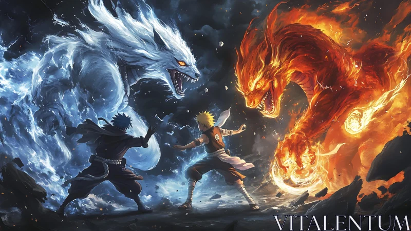 Elemental ninja duel ignites colossal fire and water beasts