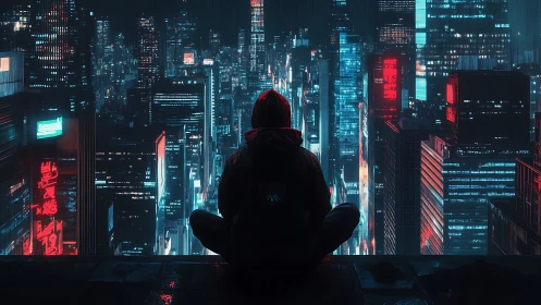 Lone hooded figure contemplates a neon cyberpunk megacity at night