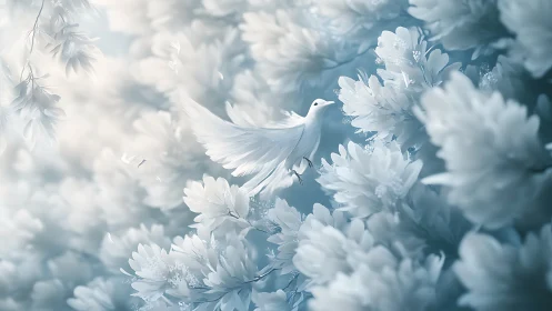 Gentle white dove drifting through soft blossom clouds.