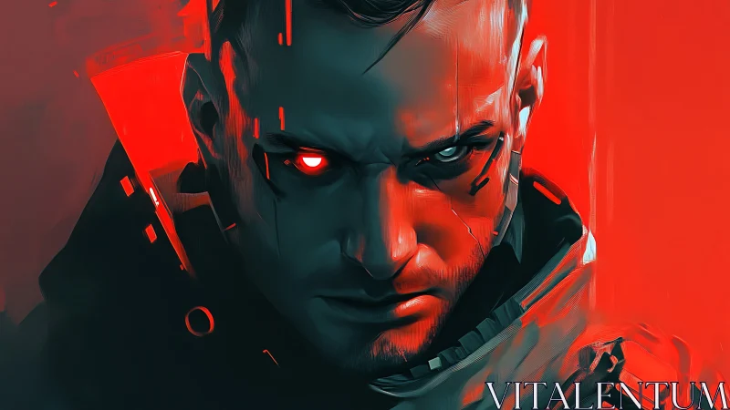 Cybernetic male portrait in red and black digital painting.