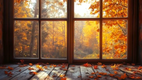 Window frame overlooks defocused autumn foliage and leaves