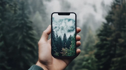 Smartphone displaying layered forest landscape with misty mountain topography