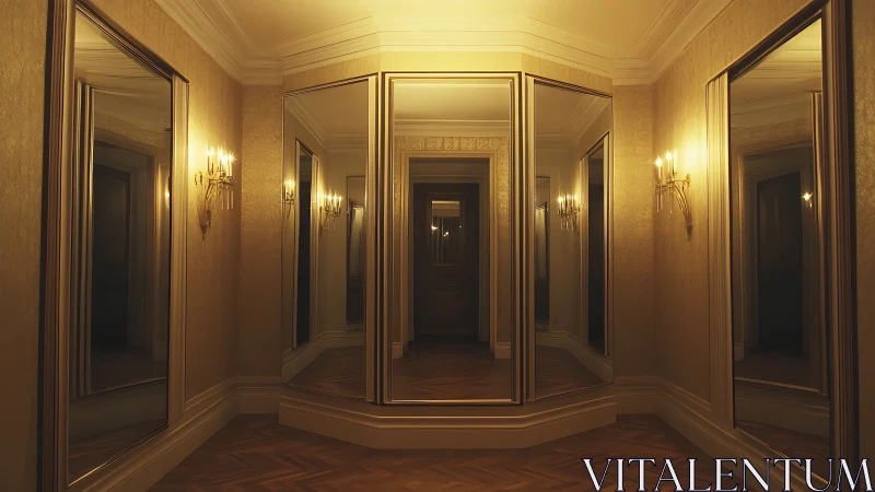 Mirrored corridor quietly folds golden light into endless doors
