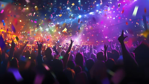 Crowd celebrates under bright stage lights and falling confetti