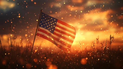 American flag waving in glowing sunset field scene.