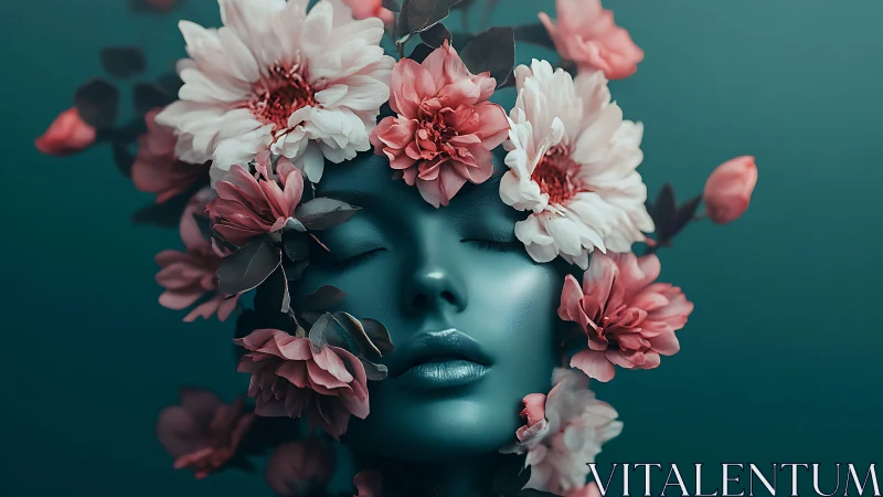 Floral-framed teal mannequin face with closed eyes in profile.