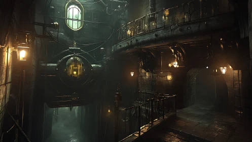Steampunk Industrial Corridor with Luminescent Fixtures and Weathered Metal Architecture.