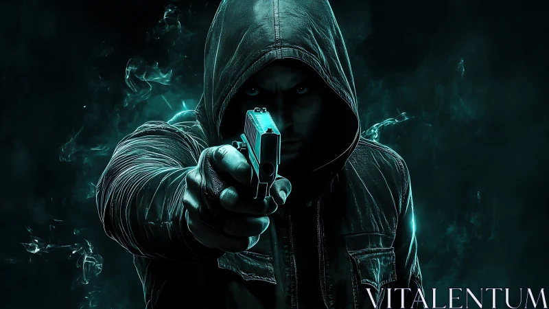 Hooded gunman aims pistol forward in teal backlit haze