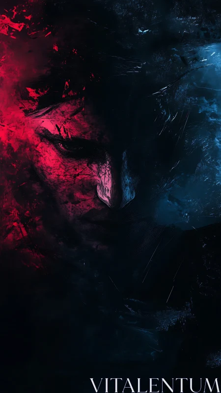 Mysterious half-lit face glowing in deep red and blue shadows.