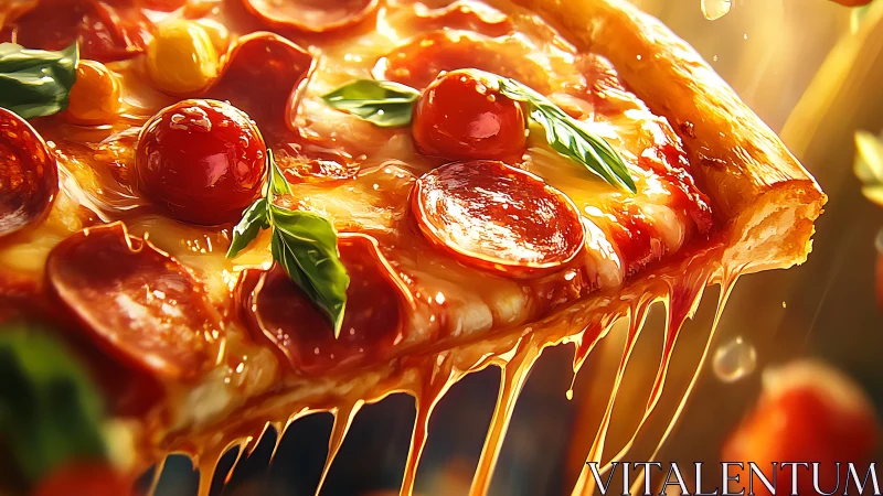 Melty pepperoni pizza slice dripping with cheesy goodness.
