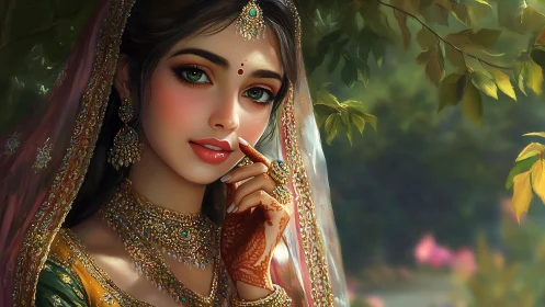 Digital portrait of adorned woman with jeweled sari and henna