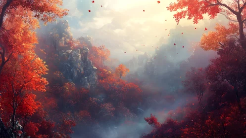 Autumn Forest Canyon Rendered with Warm Atmospheric Perspective Effects