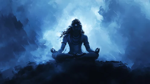 Meditative deity silhouette in luminous blue ethereal haze.