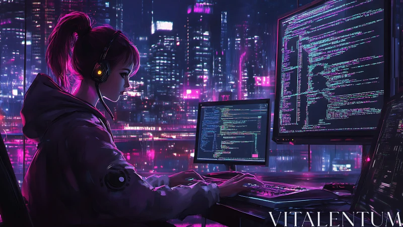 Neon city coder immersed in glowing late night focus.