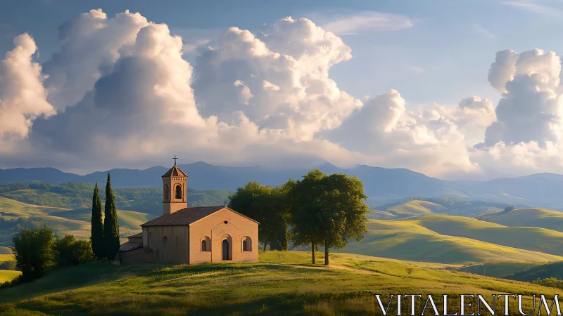 Sunlit hilltop chapel under roaming Tuscan cloud giants.