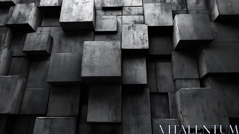 Dark Geometric Cubes Abstract 3D Art with Industrial Texture.